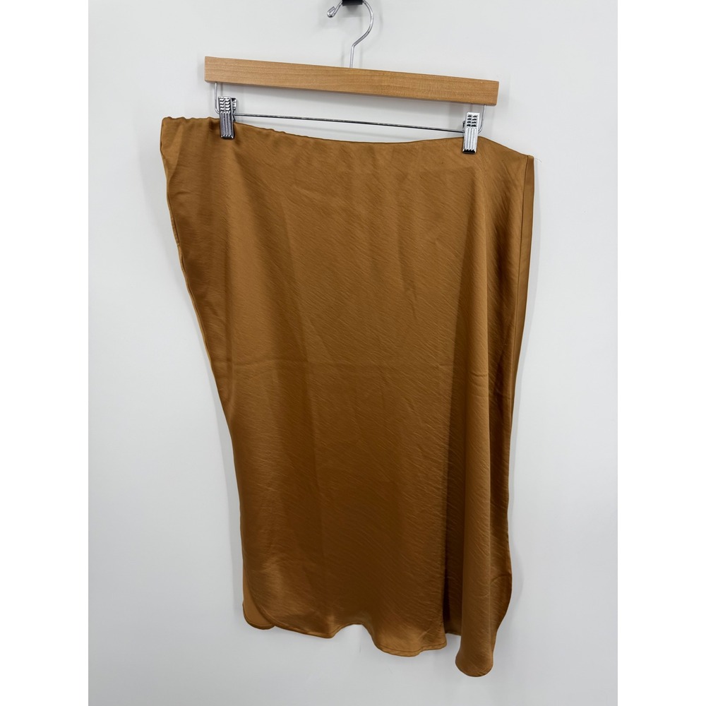 Lane‎ Bryant Satin Midi Skirt Women 20 Brown Copper Side Slit Elastic Waist